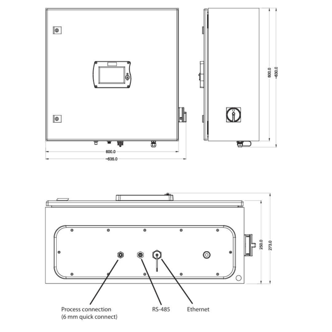 S600 Dimensional Drawings Compact dimensions and ergonomic design of the portable S600 analyzer, ideal for transport and on-site use.