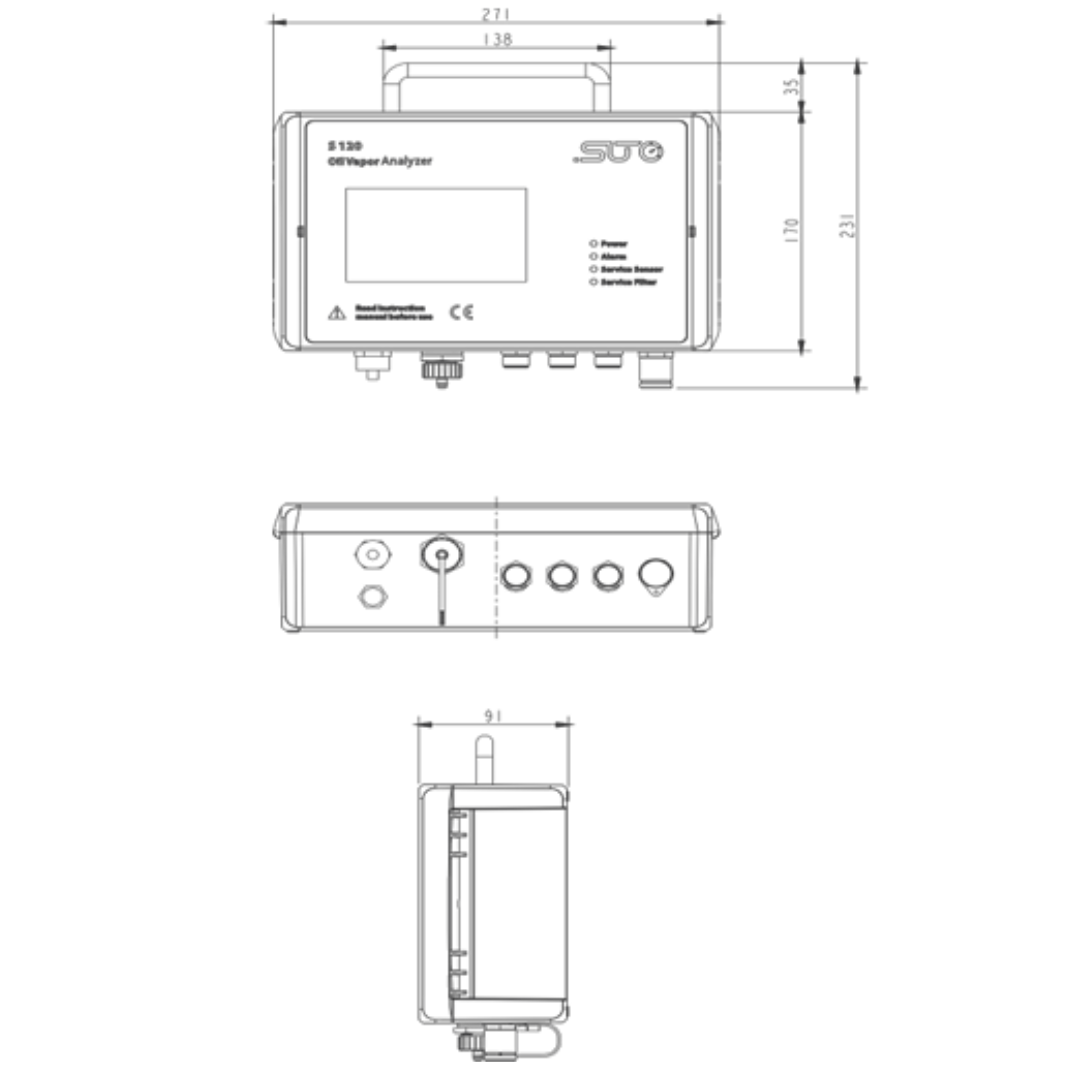 S120 Dimensional Drawing Technical diagram showing the dimensions and connection ports of the S120 oil vapor sensor.