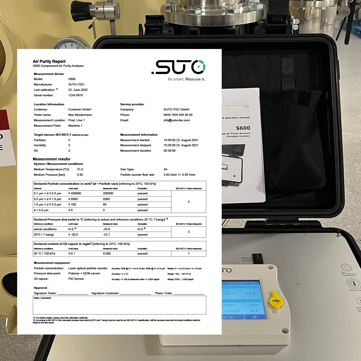 Real-time Measurement Display The S600 shows real-time measurement values at the front, while the device itself is visible in the background, ready for the next sampling.